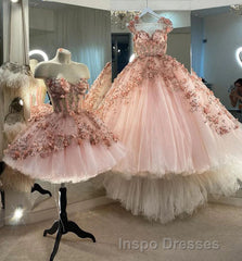 Princess Sparkly Sweetheart Evening Prom Dress with 3d Flowers, Pink Quinceanera Dress
