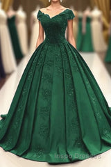 ball gown satin  lace v neck Evening Prom Dress
