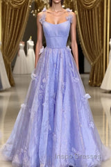 Purple Spaghetti Straps Long A line Evening Prom Gown Handmade Flower Evening Prom Dress
