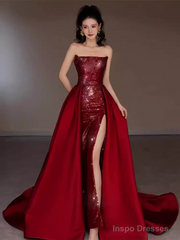 Sexy Mermaid Strapless Sleeveless Party Dress Red Long Prom Dress