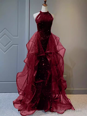 Sparkly Sheath Burgundy Sequin Long Prom Dress Party Dresses