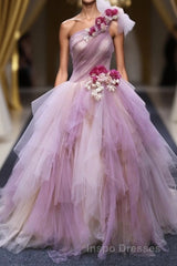 Puffy One Shoulder Sleeveless Tulle Evening Prom Dress with Flowers, Ruffles Quinceanera Dress