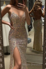 Mermaid Evening Prom Dress Spaghetti Straps V Neck Evening Prom Dress With Split