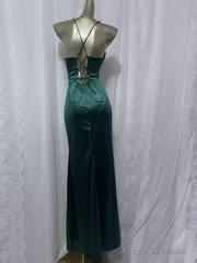 Vintage Sheath Spaghetti Straps Dark Green Vacation Dress Satin Birthday Dresses