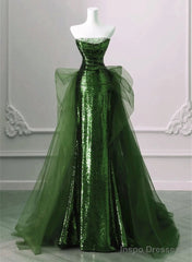 A-line Green Sequins and Tulle Long Prom Dress Green Evening Dress Formal Dress
