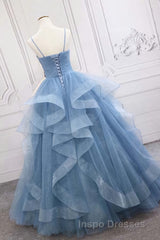 Shiny Blue Tulle A-Line Spaghetti Straps Long Evening Prom Dress