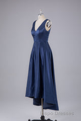 A Line Formal Satin V Neck High-Low Evening Prom Dress