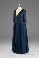Navy V-Neck Long Sleeves Lace Appliques Chiffon Evening Prom Dress