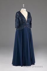 Navy V-Neck Long Sleeves Lace Appliques Chiffon Evening Prom Dress