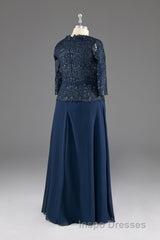 Navy V-Neck Long Sleeves Lace Appliques Chiffon Evening Prom Dress