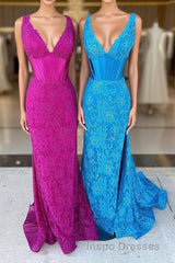 Glitter Navy Mermaid Sweep Train Evening Prom Dress With Slit