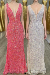 V neck Sequin Mermaid Long Evening Prom Dress