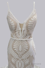 Elegant Spaghetti Straps V Neck Mermaid Lace Wedding Dress