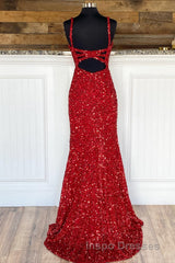 Sheath Spaghetti Straps Red Sequins Evening Prom Dress with Split Front
