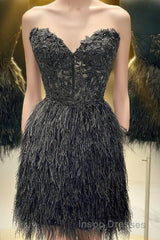 Black Lace Tight Short Homecoming Dress with Feathers