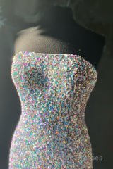 Silver Strapless Lace-Up Sequins Long Evening Prom Dress with Slit
