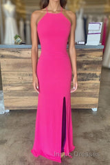 Sheath Halter Hot Pink Long Evening Prom Dress with Silt