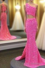 Hot Pink One Shoulder Sequins Evening Prom Dress with Slit
