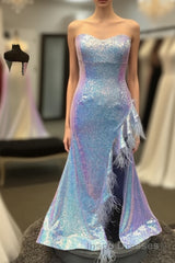 Plus Size Light Blue Sweetheart Mermaid Sequins Long Evening Prom Dress with Feathers