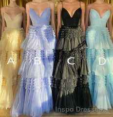 Sparkly Spaghetti Straps Tiered Tulle Evening Prom Dress, New Long Party Gown