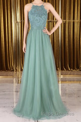 A Line Backless Lace Green Long Evening Prom Dress, Backless Green Lace Formal Graduation Evening Dress