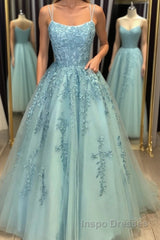 A Line Backless Lace Long Sky Blue Evening Prom Dress, Backless Sky Blue Lace Formal Dress, Sky Blue Evening Dress