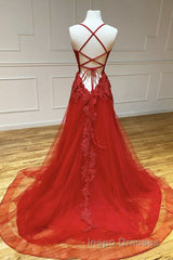 A Line Backless Red Lace Long Evening Prom Dress, Long Red Lace Formal Dress, Red Evening Dress