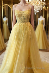A Line Backless Yellow Lace Floral Long Evening Prom Dress with High Slit, Open Back Yellow Lace Formal Dress, Yellow Lace Evening Dress