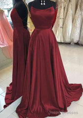 A-line Bateau Spaghetti Straps Sweep Train Charmeuse Prom Dresses