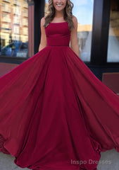 A-line Bateau Spaghetti Straps Sweep Train Chiffon Prom Dresses
