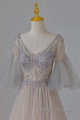 A-Line Beaded V-Neckline Tulle Formal Dress, Puffy Sleeves Long Evening Prom Dress