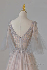 A-Line Beaded V-Neckline Tulle Formal Dress, Puffy Sleeves Long Evening Prom Dress