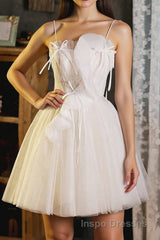 A-Line Beige Tulle Short Evening Prom Dress, Beige Cute Homecoming Dress