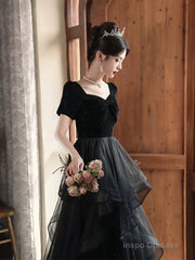 A-line Black Layers Short Sleeves Prom Dress, Black Velvet and Tulle Party Dress