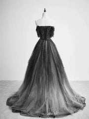 A-Line Black Tulle Ballgown Long Party Dress Beadings Evening Dress Evening Prom Dress