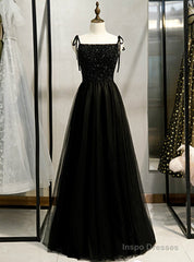 A-Line Black Tulle Spaghetti Straps Tulle Beading Prom Dress