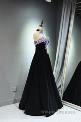 A-Line Black Velvet Long Party Dress With Lace Applique, Black Velvet Evening Prom Dress