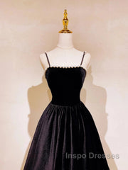 A Line Black Velvet Long Evening Prom Dress Beaded Birthday Party Dress