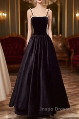 A Line Black Velvet Long Evening Prom Dress Beaded Birthday Party Dress