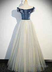 A-Line Blue-Grey Sequins Off Shoulder Long Party Dress Velevet Long Evening Prom Dress