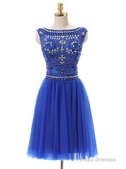 A-Line Blue Tulle Crystal Beading Backless Homecoming Dress