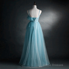 A-line Blue Tulle Straps Long Formal Dress, Blue Long Evening Dress Prom Dress
