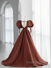A-Line Brown Satin Ball Gown Short Sleeves Long Party Dress V-Neckline Evening Prom Dress