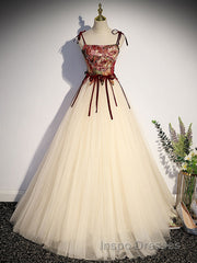 A line  champagne long Evening Prom Dress, champagne tulle formal evening Dress