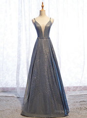 A-Line Gray Deep V-neck Sleeveless Long Prom Dress