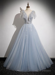 A-Line Gray Tulle Sequins Prom Dress