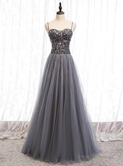 A-Line Gray Tulle Spagehtti Straps Sequins Prom Dress