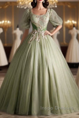 A Line Green Applique Evening Prom Dress Sweet Tulle Birthday Party Dress