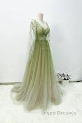 A-Line Green Gradient Tulle Long Sleeves Party Dress, V-Neckline Green Formal Dress Evening Prom Dress