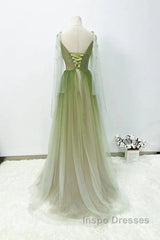 A-Line Green Gradient Tulle Long Sleeves Party Dress, V-Neckline Green Formal Dress Evening Prom Dress